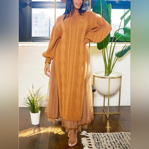 $150 Kelly Obi Chunky Cable Knit Sweater Dress Sz L High Slits Balloon Sleeves - Picture 2 of 9